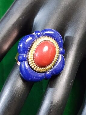 Vintage 80s Artisan Lucite Statement Ring Bold Cobalt Blue Red Cabochon